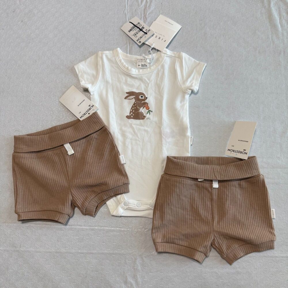 Firsts by Petit Lem 3pc Organic Cotton Ribbed Bunny Set White Brown 3M NWT